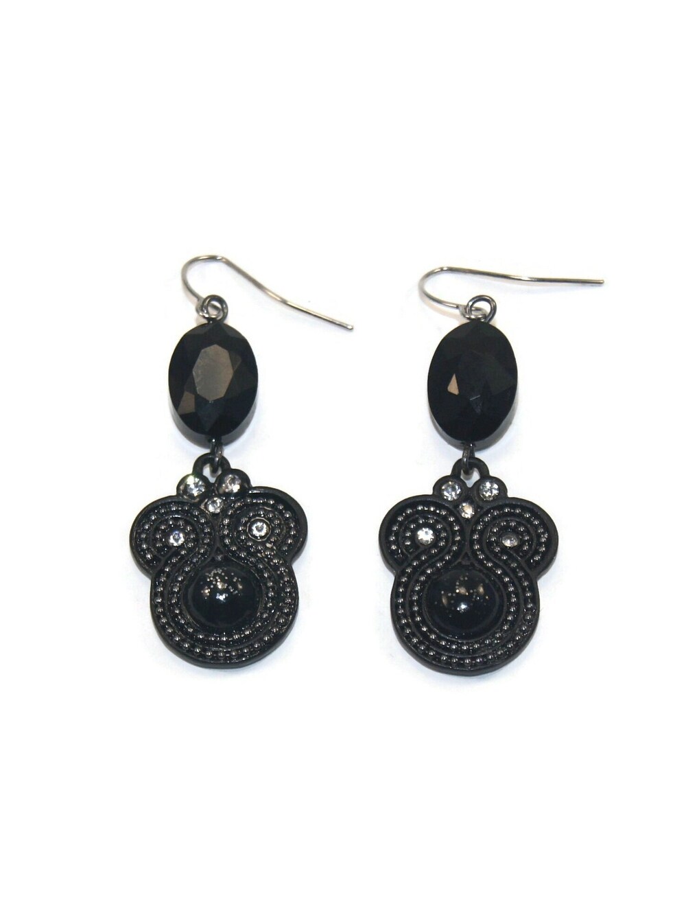Vintage Black Enameled Metal, Glass and Rhinestones Dangle Earrings.
